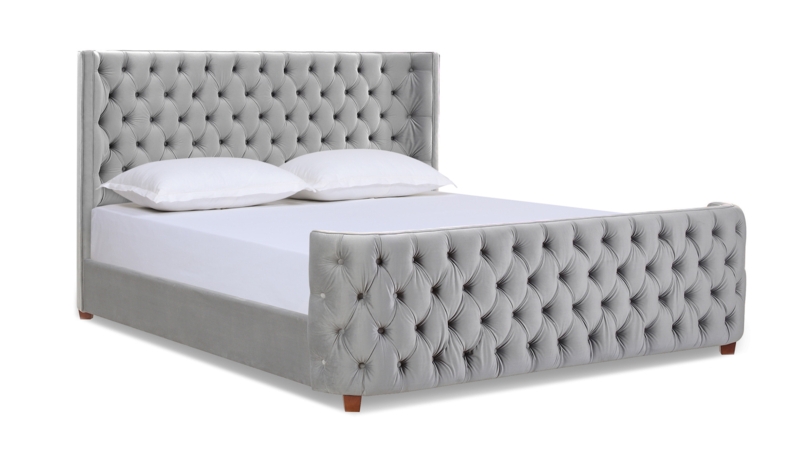 Upholstered Bed Opal Grey Wingback With Tufted Curved Footboard