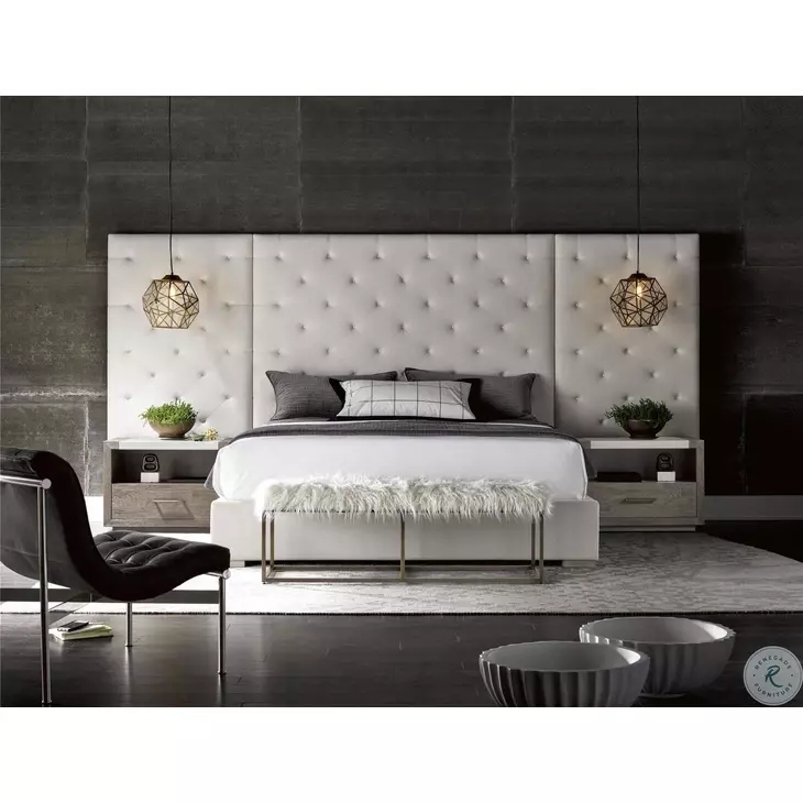 Upholstered Bed Oversized Three Panel Tufted Headboard Grey Fabric
