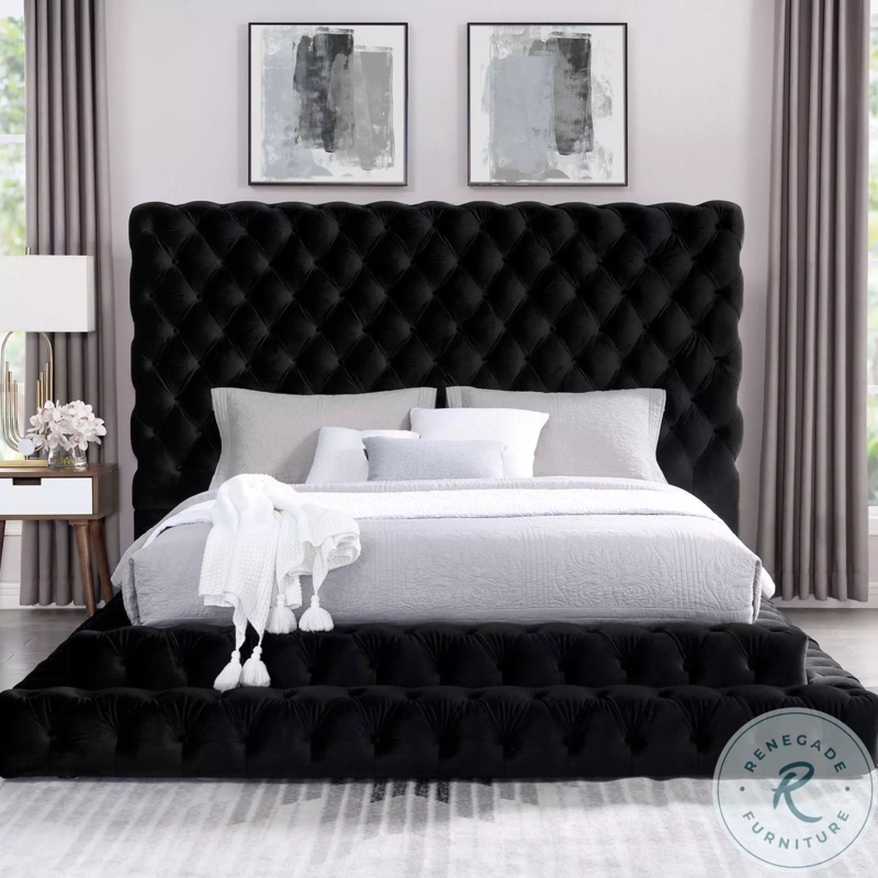 Upholstered Bed Oversized Tufted Headboard Glam Black Platform Frame