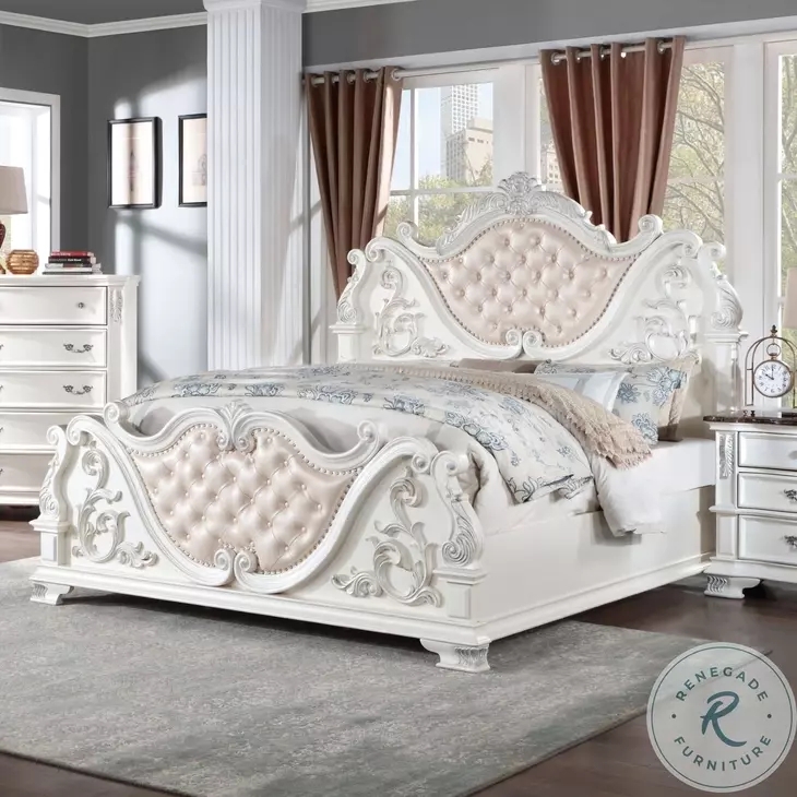 Upholstered Bed Pearl White Finish Scrollwork Carvings Button Tufted