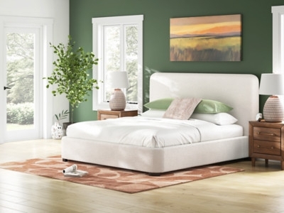Upholstered Bed Rounded Headboard Cream Fabric Modern Decor