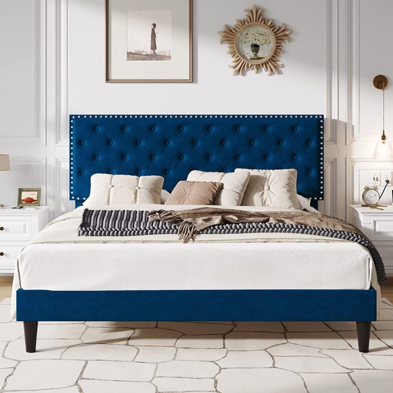 Upholstered Bed Royal Blue Velvet with Diamond Tufted Headboard