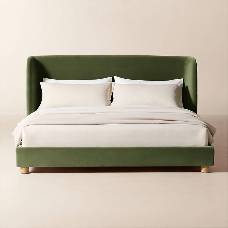 Upholstered Bed, Sage Green Velvet, Curved Wingback Headboard, Low Profile
