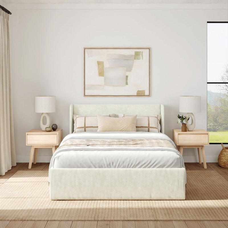Upholstered Bed, Scandinavian Style, Low Profile Rectangular Headboard