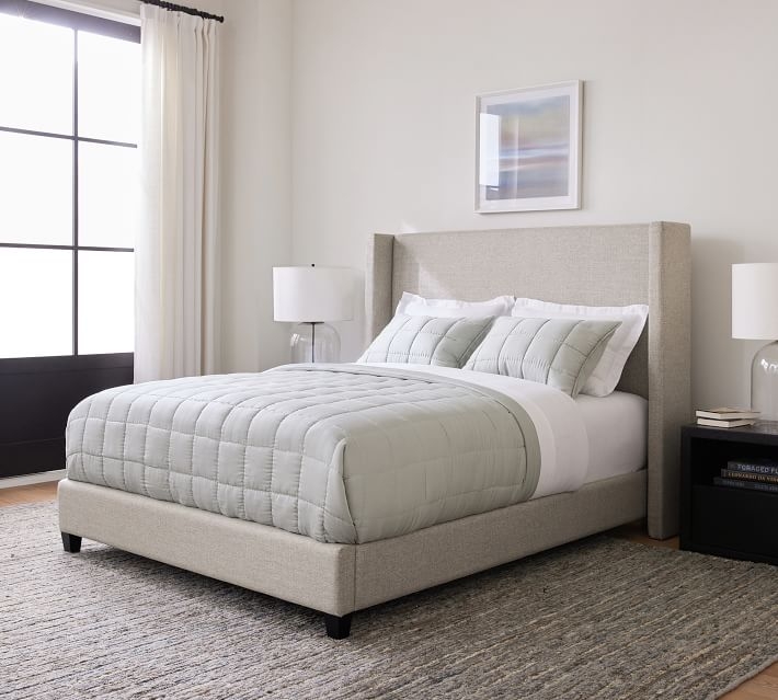 Upholstered Bed Shelter Headboard Tall Silhouette Cream Fabric