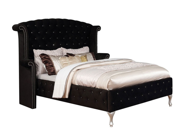 Upholstered Bed Silver Cabriole Legs Crystal Tufting Velvet
