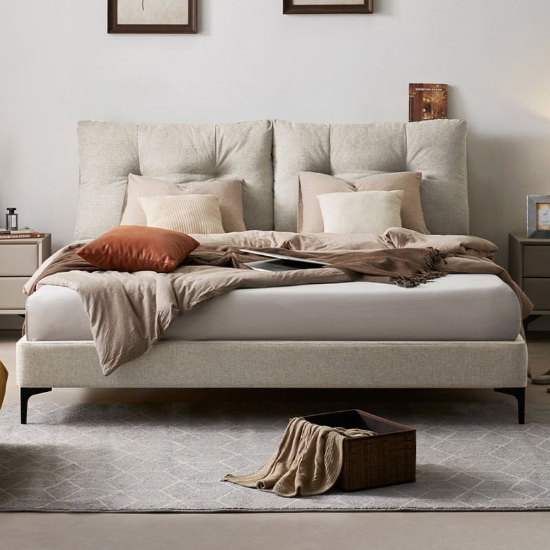 Upholstered Bed, Split Cushion Headboard, Linen Textured, Slim Metal Legs