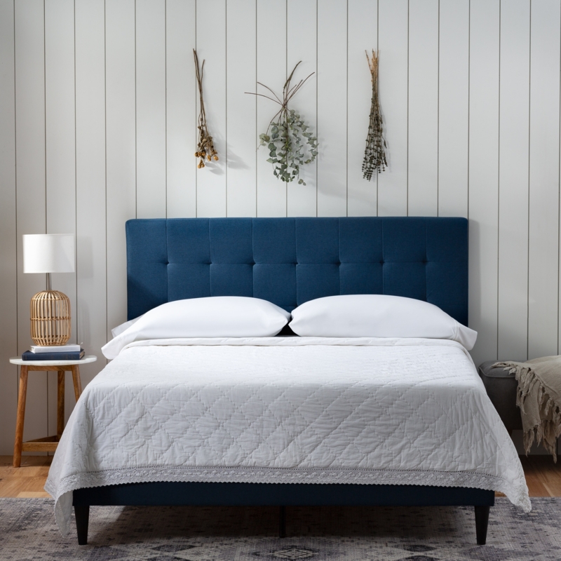 Upholstered Bed, Square Tufted Navy Fabric, Modern Farmhouse Style