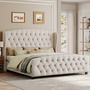 Upholstered Bed Tall Diamond Tufted Wingback with Footboard Glam
