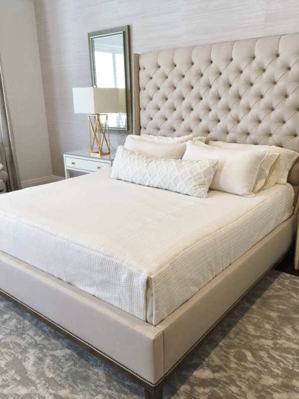 Upholstered Bed Tall Tufted Cream Linen Luxurious Transitional Style