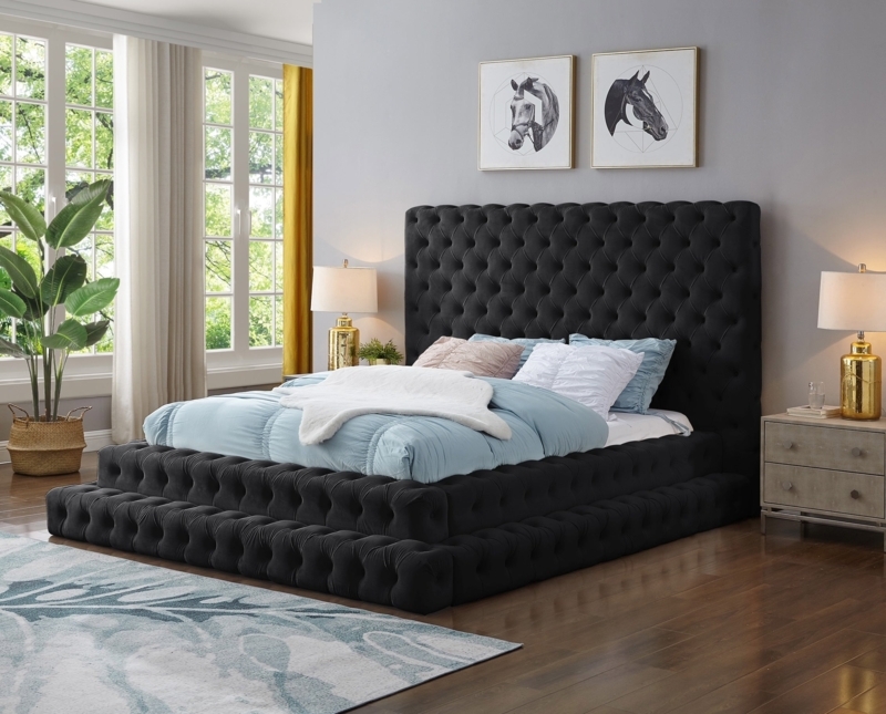 Upholstered Bed Tiered Base Charcoal Diamond Tufting Glam Style