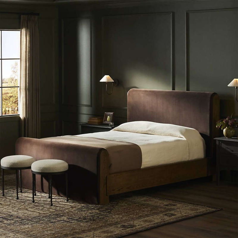 Upholstered Bed, Traditional Chocolate Brown Wood Frame