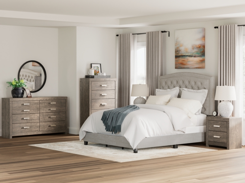 Upholstered Bed Transitional Arched Headboard Grey Linen Button Tufted