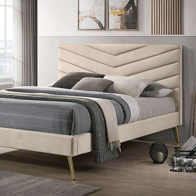 Upholstered Bed Transitional Tall Vertical Channel Tufting Block Feet