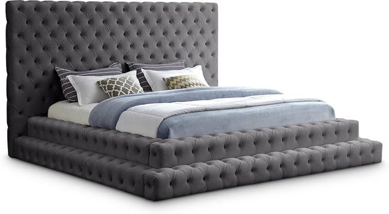 Upholstered Bed Velvet Tiered Tufted Base Tall Headboard Platform