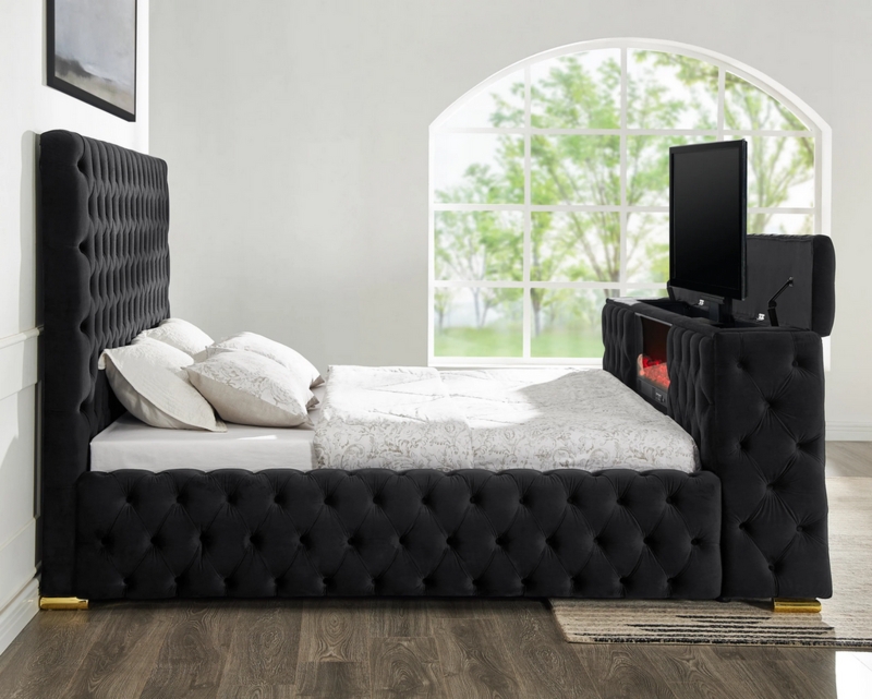 Upholstered Bed Velvet TV Lift Integrated Fireplace Glam Luxury