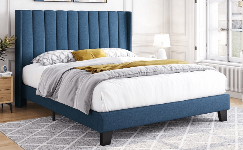Upholstered Bed Vertical Channel Tufting Wingback Sides Navy Fabric