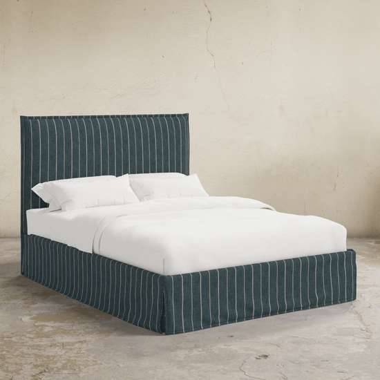 Upholstered Bed Vertical Stripes Slipcovered Wingback Coastal Style