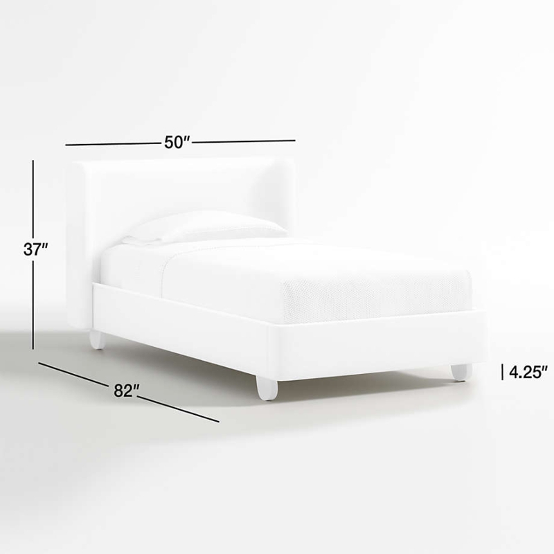 Upholstered Bed White Minimalist Low Profile Headboard Rounded Legs