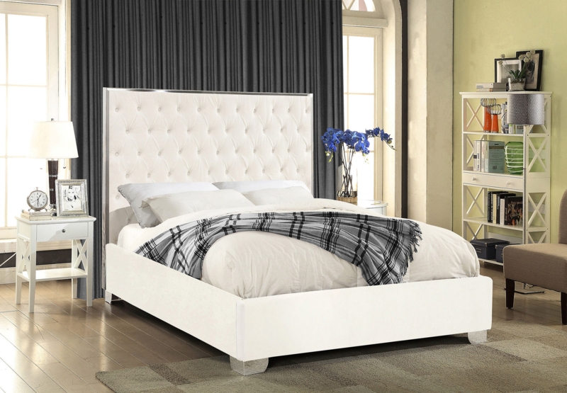 Upholstered Bed White Velvet Diamond Tufted Chrome Glam King Frame