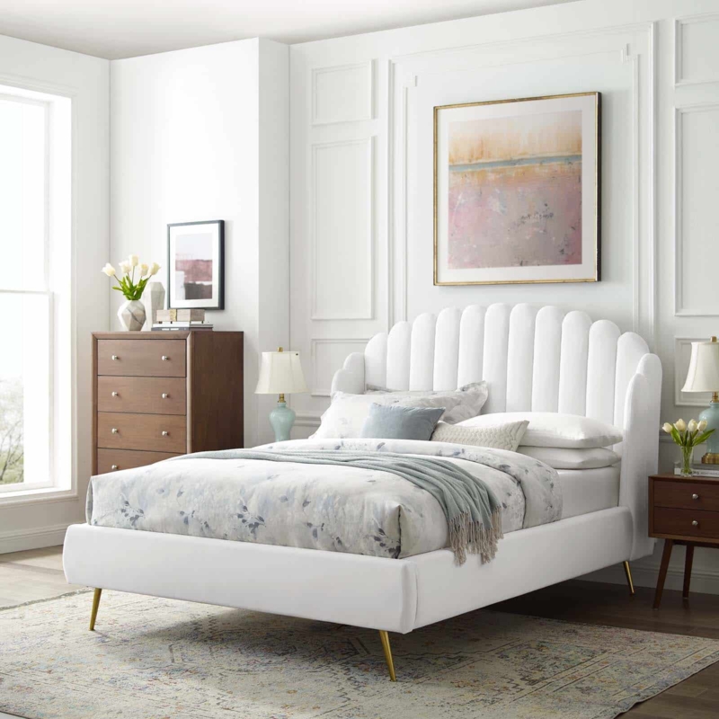 Upholstered Bed, White Velvet, Scalloped Channel Tufted, Gold Tapered Legs