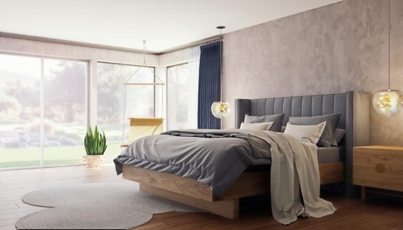 Upholstered Bed, Wingback, Vertical Channel Tufting, Wood Base