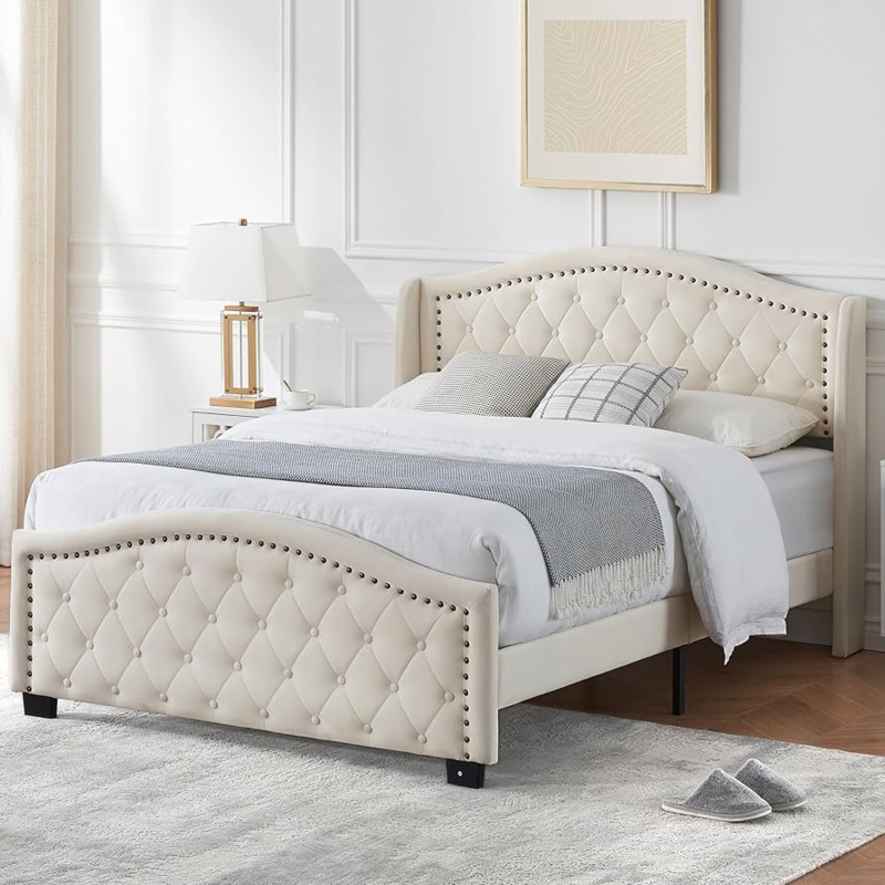 Upholstered Bed with Arched Footboard, Beige Velvet, Tufted Wingback