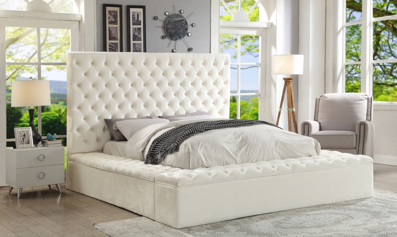Upholstered Bed with Bench, Deep Button Tufting, Tall Glam Headboard