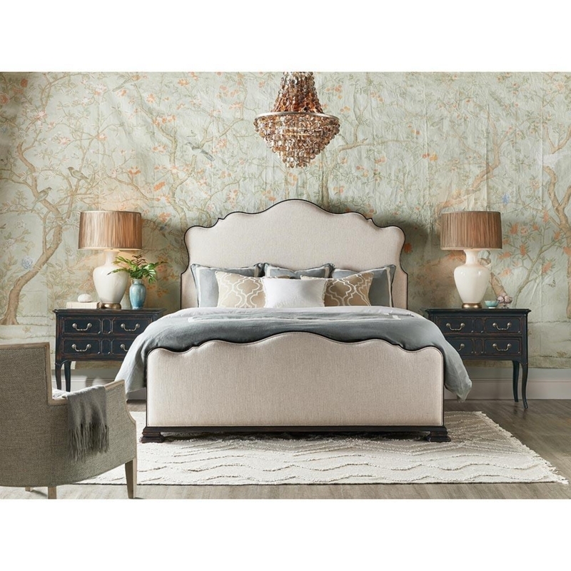 Upholstered Bed with Black Wood Trim, Scalloped Headboard, French Country