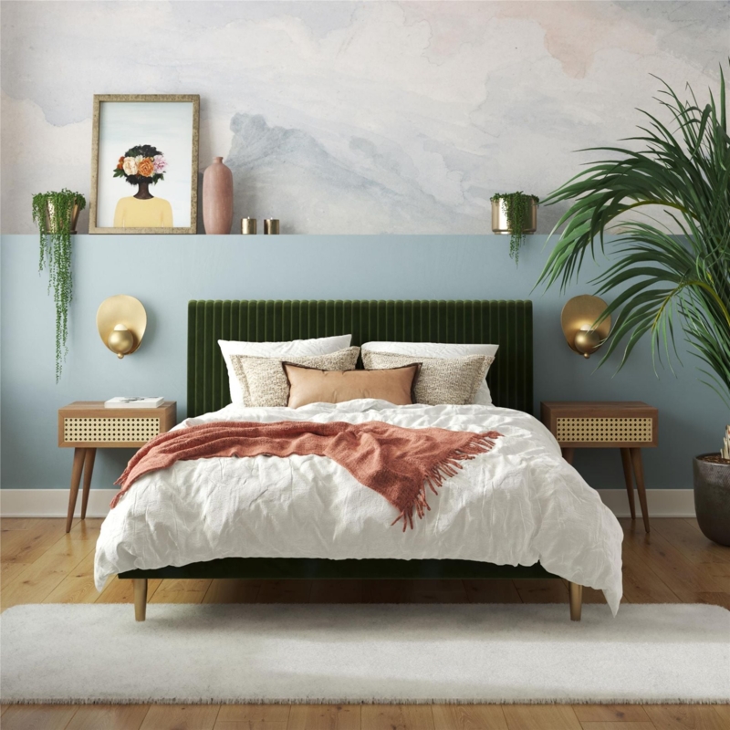 Upholstered Bed with Channeled Headboard in Olive Green Mid Century Style