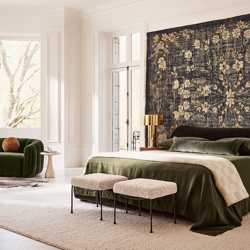 Upholstered Bed with Curved Headboard in Olive Green Velvet Modern Luxe