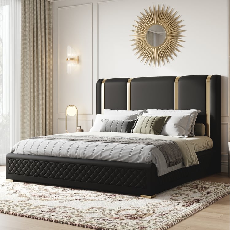 Upholstered Bed with Gold Vertical Inlays and Diamond Quilted Base, Black