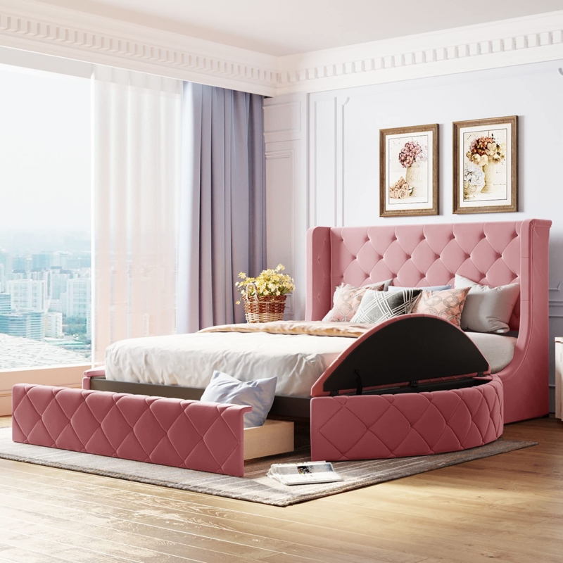 Upholstered Bed with Integrated Storage Stools, Pink Velvet Tufted Wingback