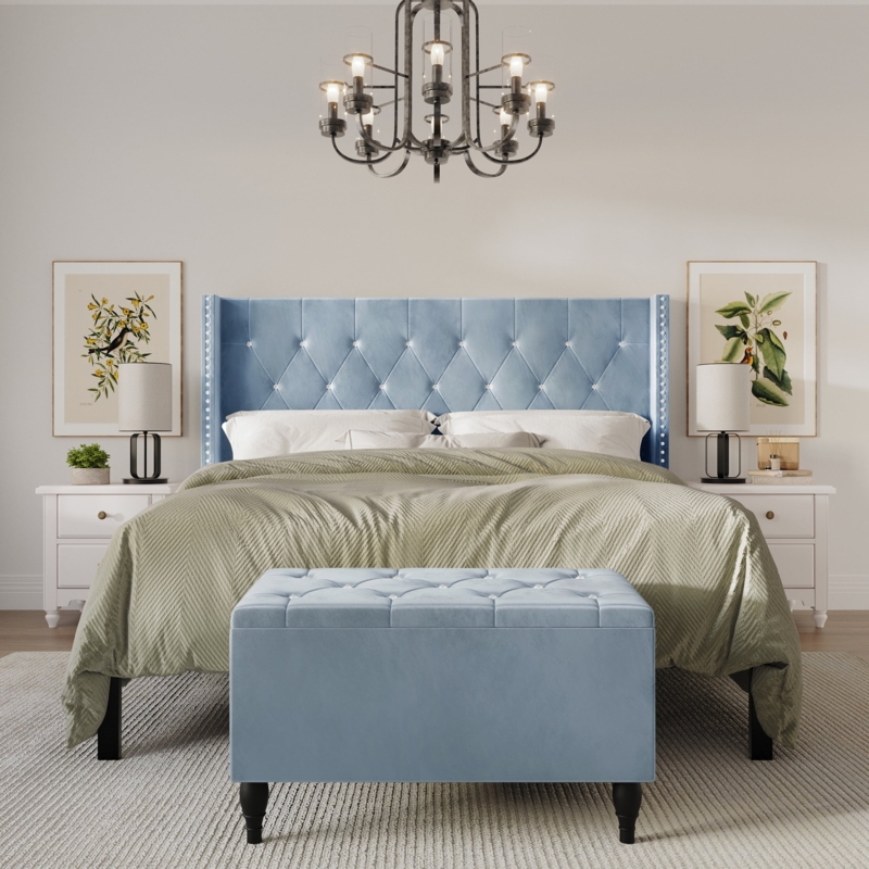 Upholstered Bed with Matching Storage Bench in Light Blue Velvet