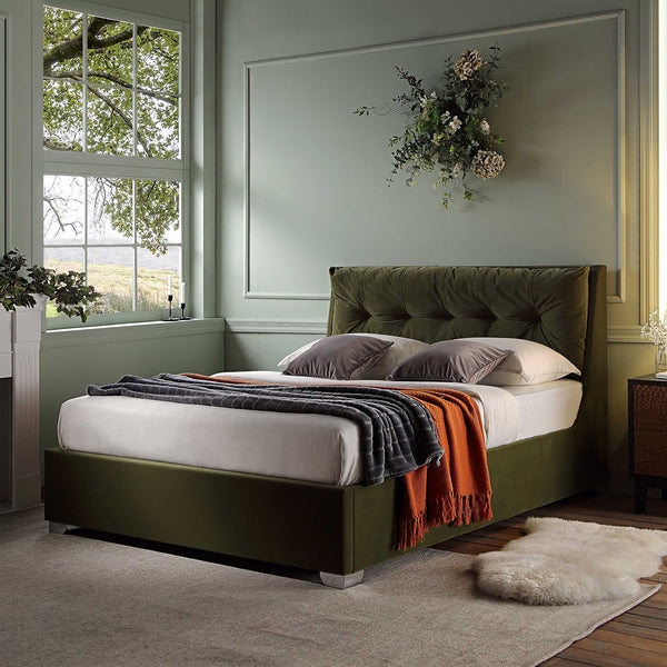Upholstered Bed with Ottoman Storage Base in Moss Green Velvet