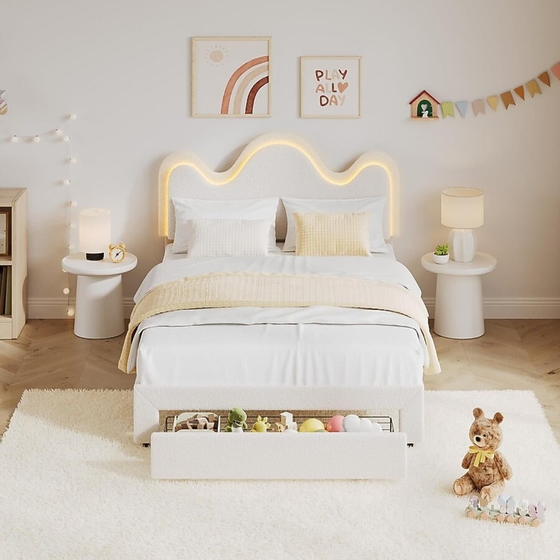 Upholstered Bed with Scalloped Headboard and LED Backlighting