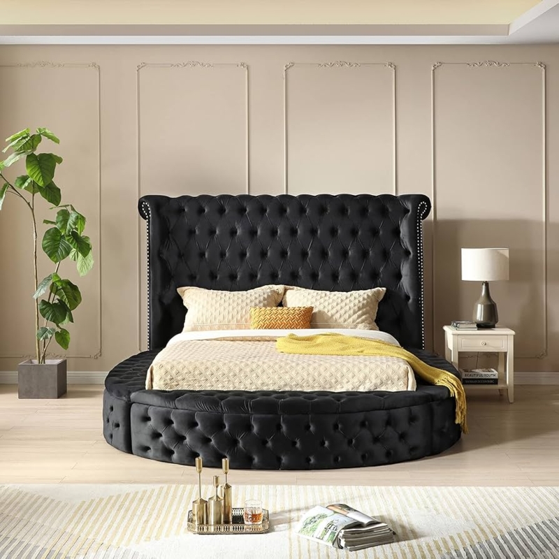 Upholstered Bed with Segmented Round Base and Wingback