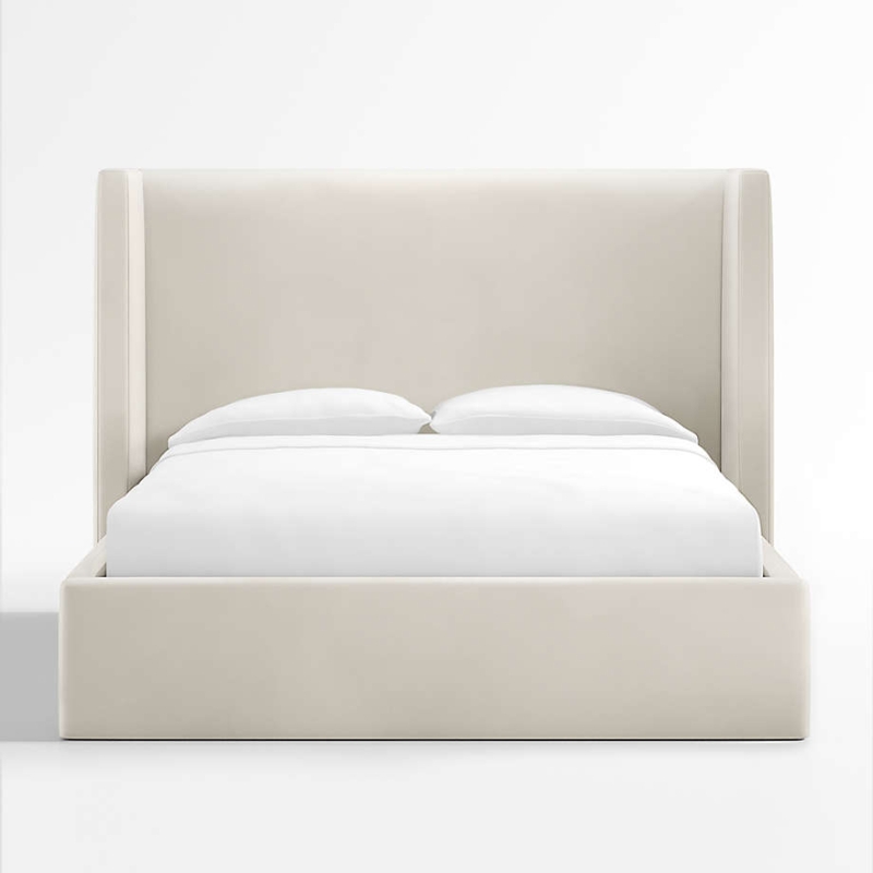 Upholstered Bed with Shelter Headboard in Beige Velvet