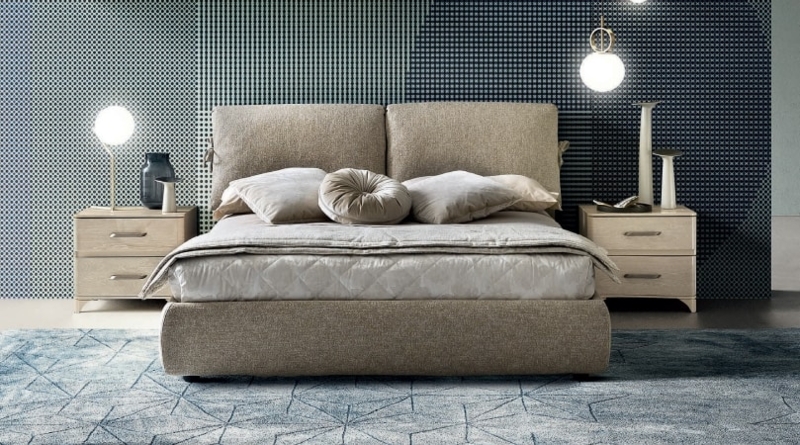 Upholstered Bed with Split Headboard Design and Textured Weave, Greige