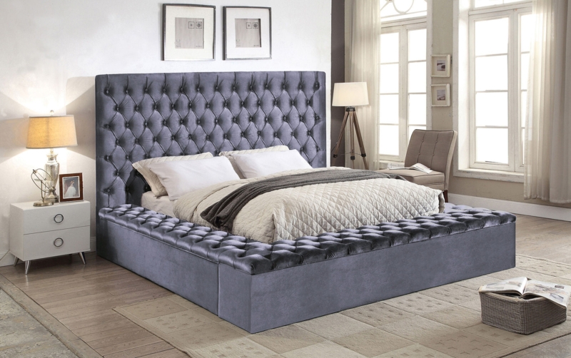 Upholstered Bed with Wide Frame and Deep Button Tufted Headboard