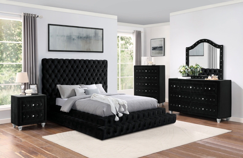 Upholstered Bedroom Set Black Velvet Crystal Accents Diamond Tufting