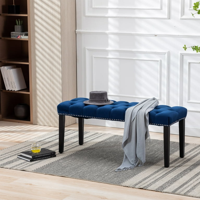 Upholstered Bench Navy Blue Velvet Silver Nailhead Trim Tufted Entryway