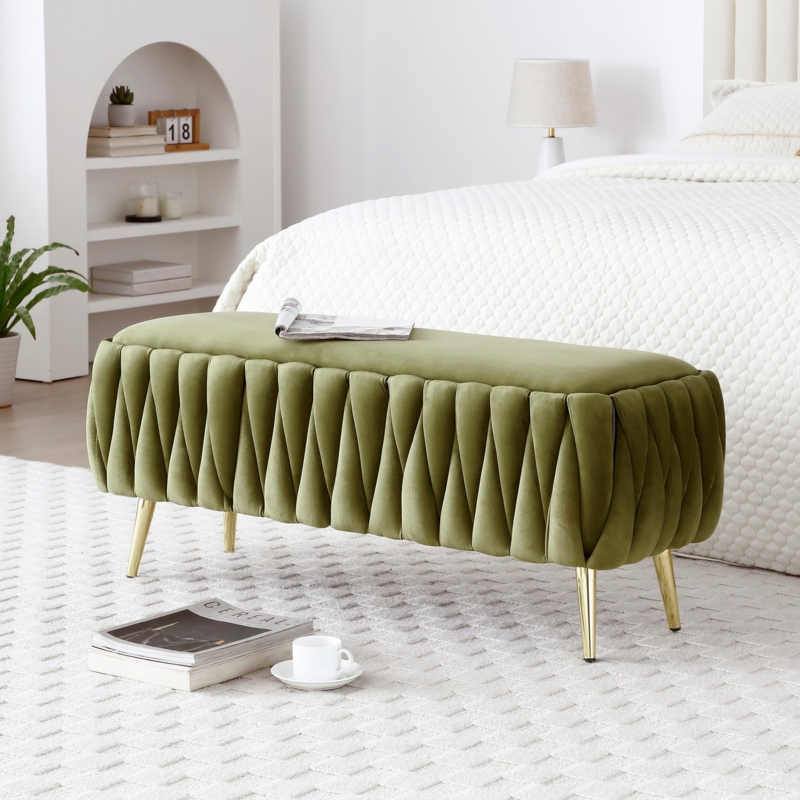Upholstered Bench Olive Green Velvet Braided Side Detail Tapered Gold Legs