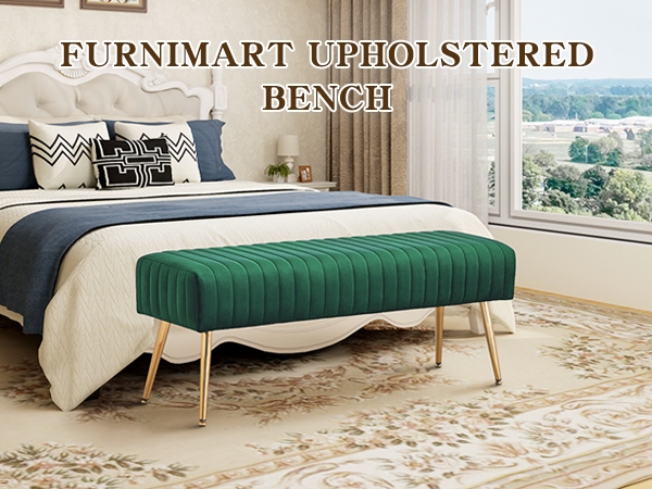 Upholstered Bench with Slender Gold Legs & Vertical Channeling