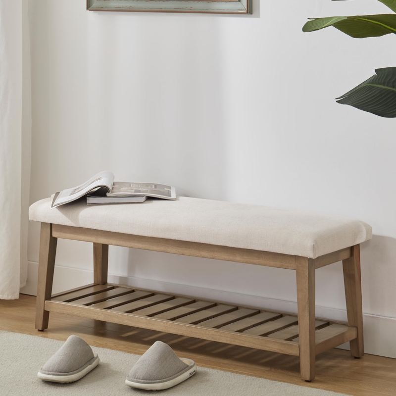 Upholstered Entryway Bench with Slatted Wood Shoe Shelf