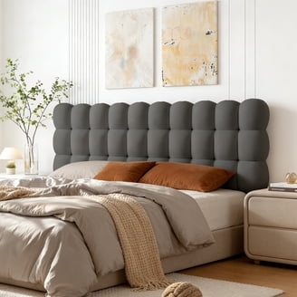 Upholstered Headboard in Charcoal Gray with Puffy Grid Cloud Design