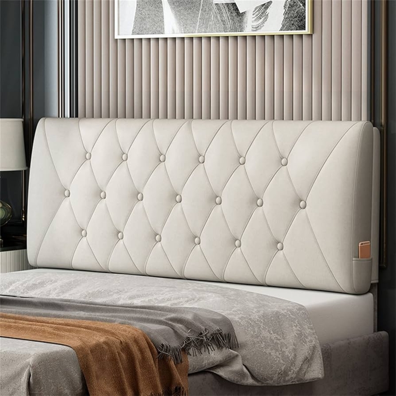 Upholstered Headboard in Cream with Diamond Tufting & Side Storage Pocket