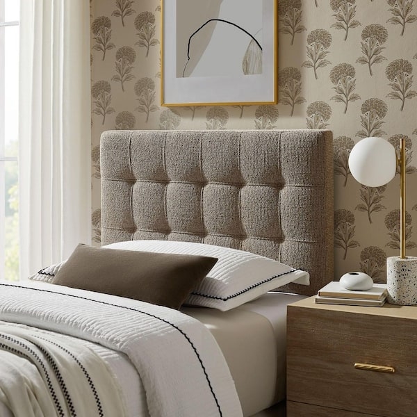 Upholstered Headboard Taupe Brown Grid Tufted Pattern Boucle Texture