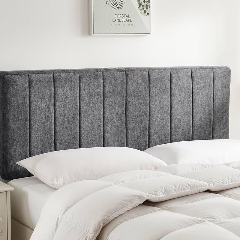 Upholstered Headboard with Vertical Channel Stitching, Grey