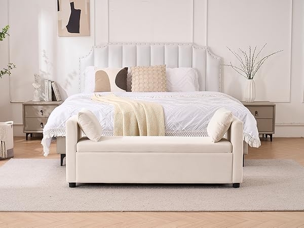Upholstered Ivory Storage Bench with Integrated Track Arms
